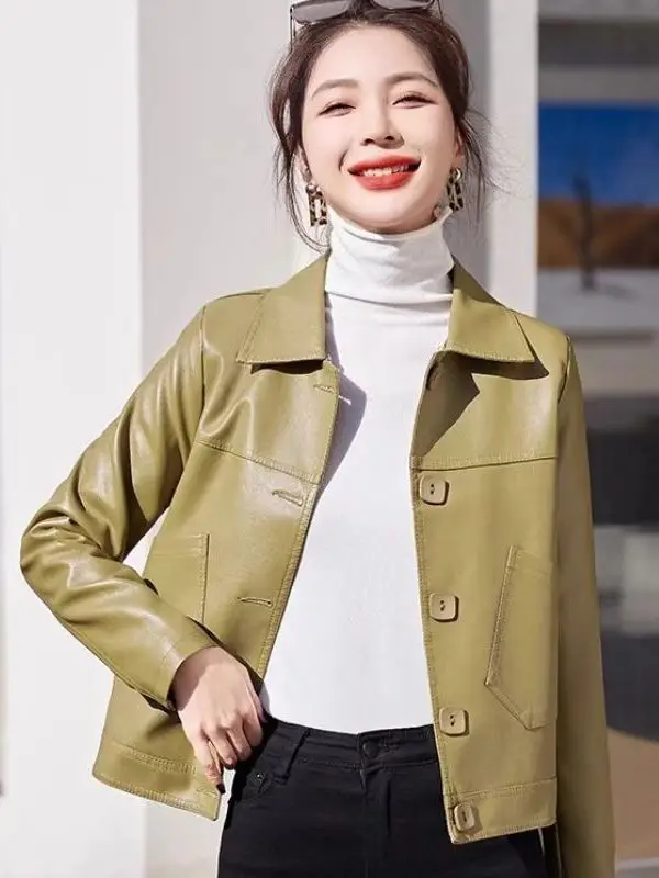 عارضة السائق الجلود Jaet حجم صغير ربيع الخريف منفذ العلامة التجارية المرأة فضفاضة تناسب بو الجلود طويلة Sve زر مزين