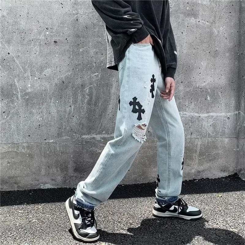 American Streetwear Hole Jeans Women Men Hip Hop Cross Embroidery Loose Straight Micro Flare Denim Pants M-3XL