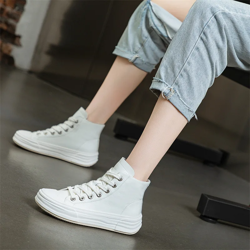 CXJYWMJL Cowhide High Top Sneakers Women Autumn Casual Vulcanized Shoes Genuine Leather Ladies White Lace up Court Skate Shoes