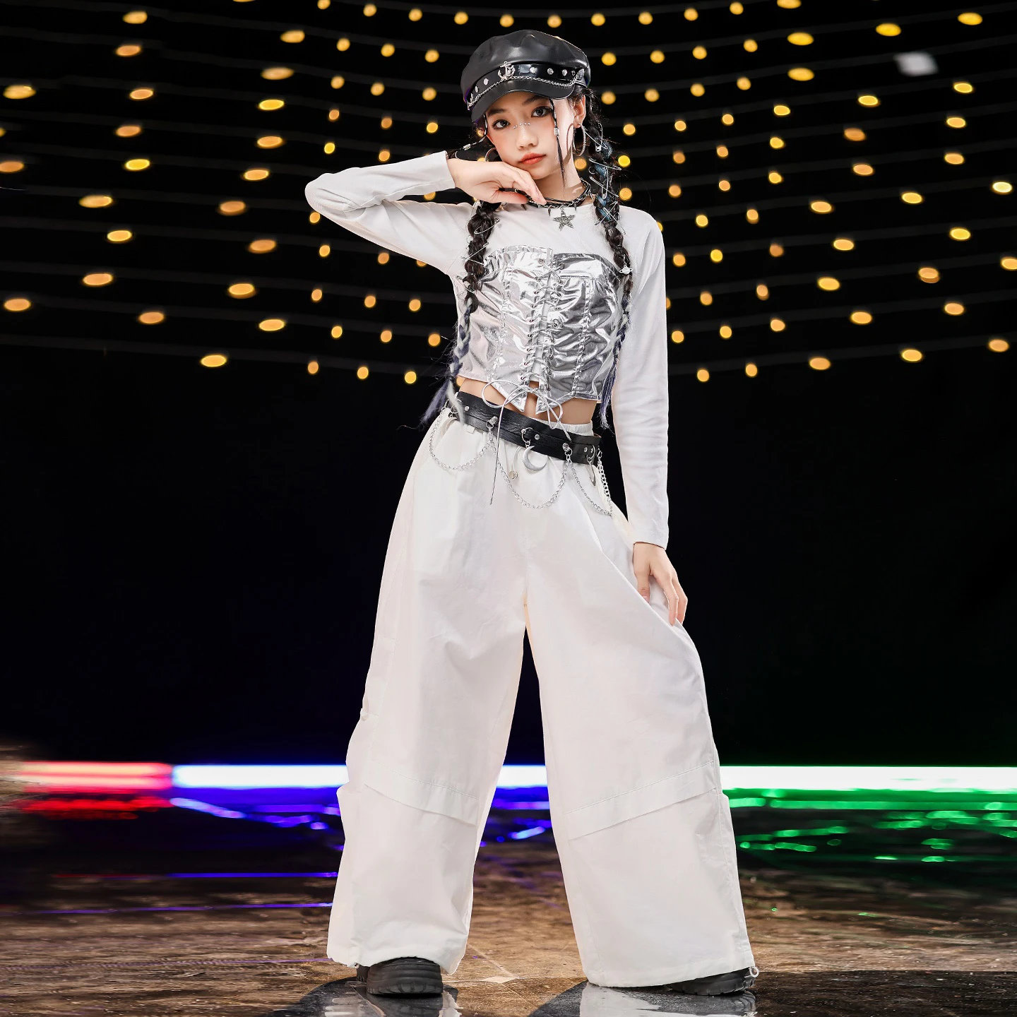 2025 Kinder Hip Hop Jazz Dance Kleidung Mädchen Lange Ärmel Tops Weiße Hosen Kpop Gruppe Leistung Kostüme Straße Tragen BL17647