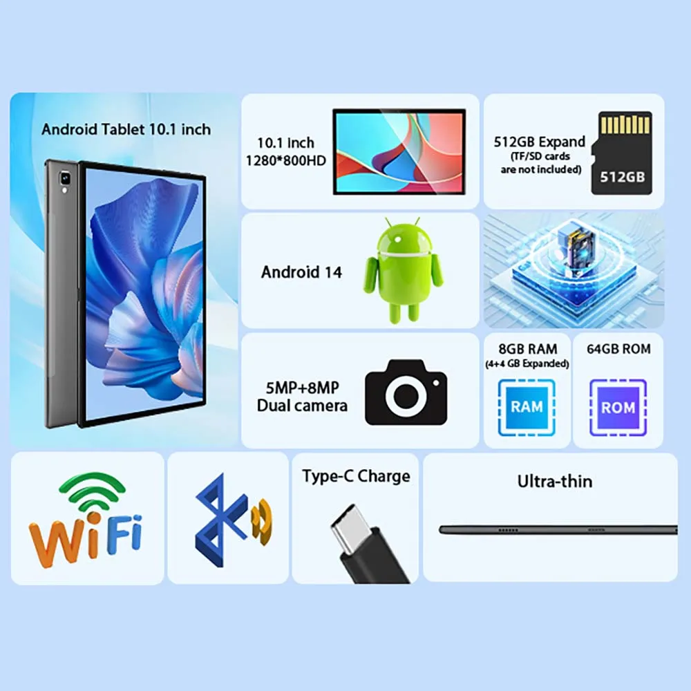 Relndoo 10.1-Inch Tablet Android 14, 8GB(4+4GB Expanded) RAM 64GB ROM, IPS HD Screen, 5MP+8MP Dual Camera, WiFi, BT 5.0, Type C
