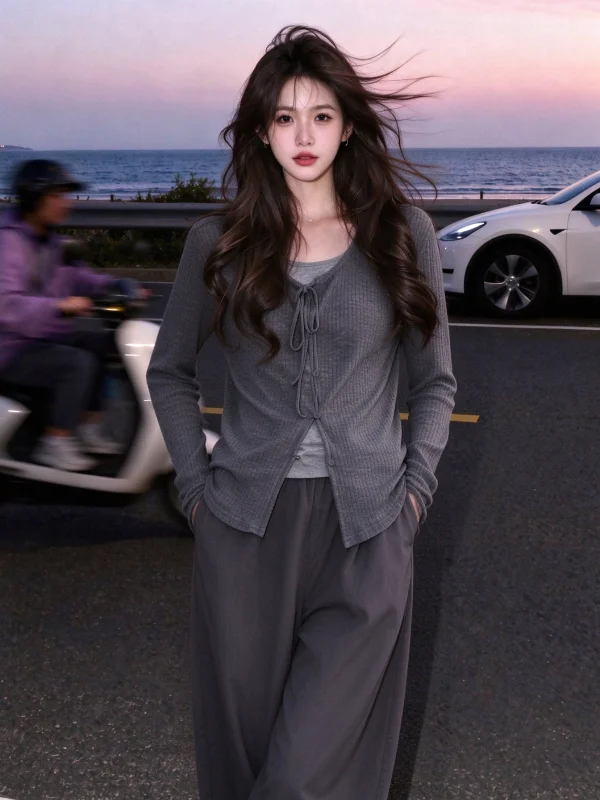 Gray Korean Style Long Sleeve T-Shirt Women's Autumn Unique Not Repeating Pattern Suitable for Single Wear Casual Style Top
