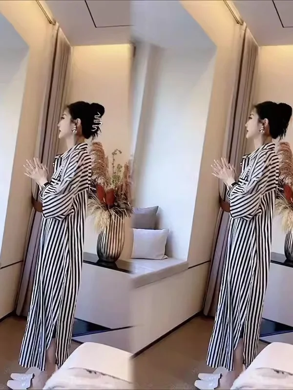 Spring 2026 Women's Loose Fit Long Sleeve  Collar Striped Shirt Dress mid Length Slimming UV Protection Casual Wear