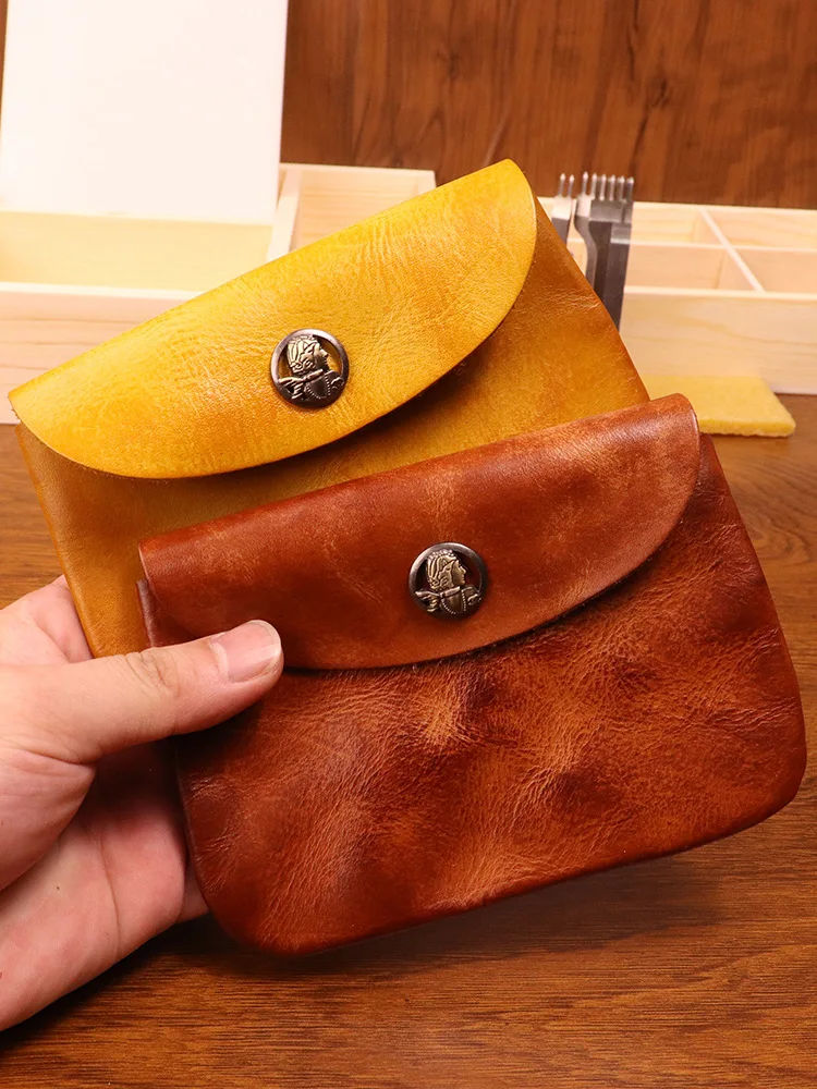 Custom Vintage Cowhide Leather Key Bag Portable Car Home Key Protective Cover Simple Buckle Space-saving Small Keyring Bags