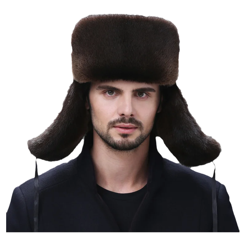 

Hot Sale Men's Winter Fur Hats Real Natural Mink Fur Male Ushanka Bomber Bonnet Warm Fashion Genuine Leather Ski Earflap Beanies