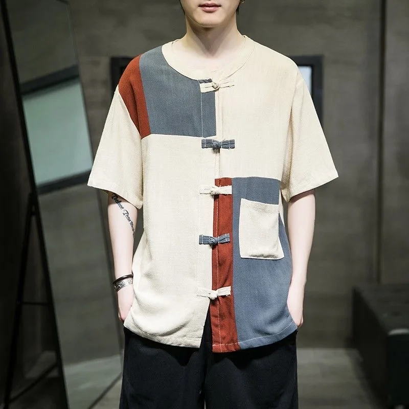 

Retro Chinese Sle Cotton Linen ort Sve irt Men's Summer Breathable Loose Fit round Ne Open Cardigan Geometric Pattern