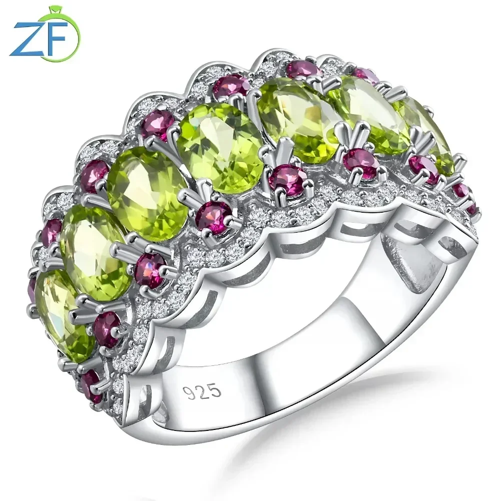 

GZ ZONGFA Natural Peridot Rhodolite Jewelry Gemstone 925 Sterling Silve Chunky Finger Womens Ring For Women Birthday Gifts