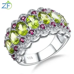 GZ ZONGFA Natural Peridot Rhodolite Jewelry Gemstone 925 Sterling Silve Chunky Finger Womens Ring For Women Birthday Gifts