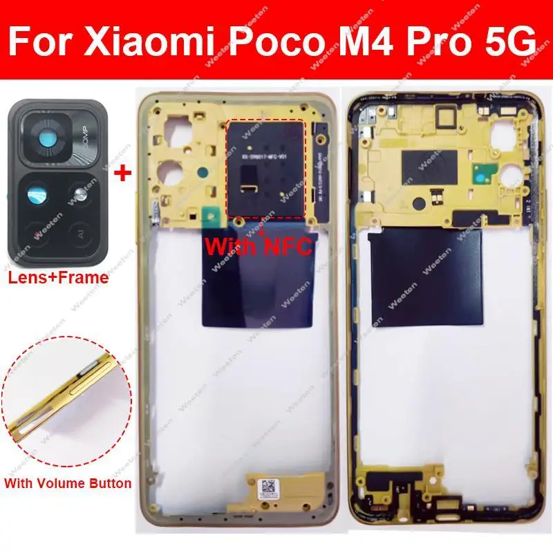 Middle Frame Housing For Xiaomi Poco M4 Pro M4Pro 4G 5G Front LCD Frame Middle Holder Cover Bezel with Lens Frame Volume Key