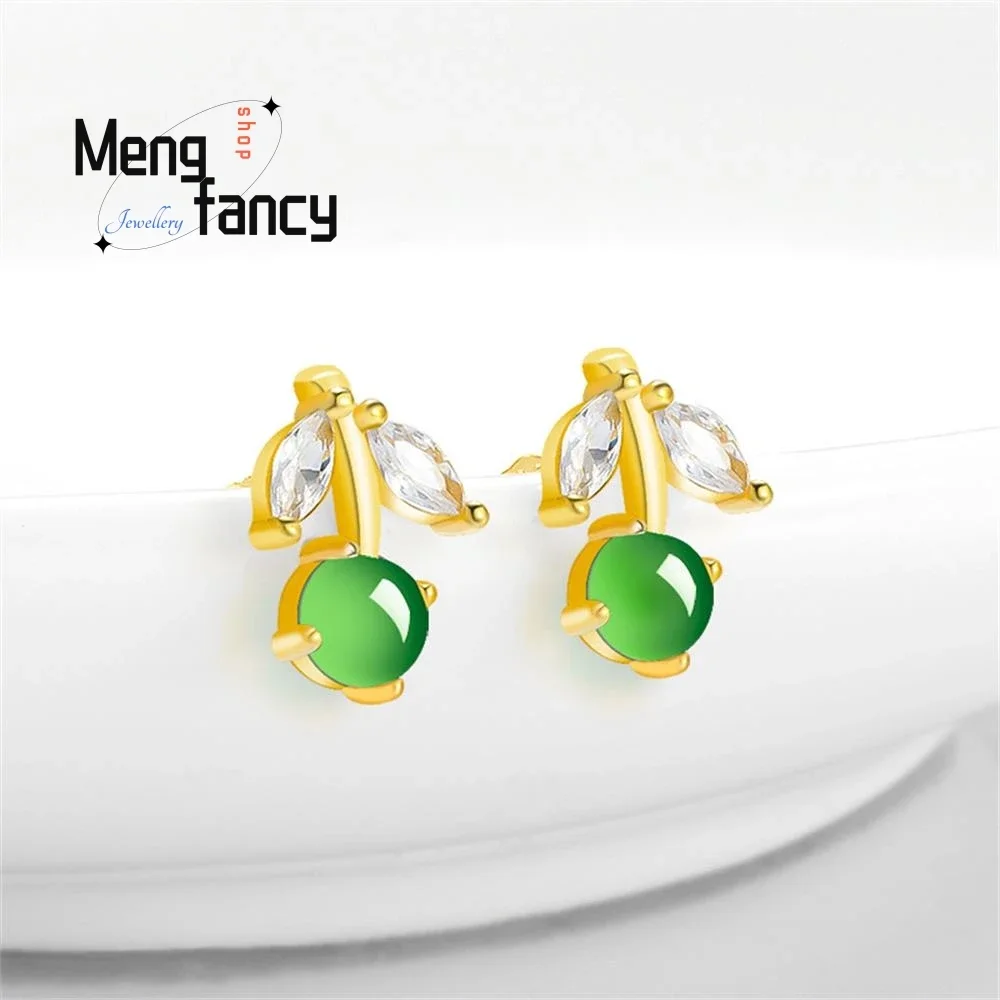 Natural A-goods Jadeite Cherry Positive Green Ice Jade Earrings S925 Silver Inlay Exquisite Elegant Luxury Quality Fine Jewelry