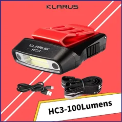 Klarus HC3 Motion-Sensing Visor Clip Lamp 100Lumen USB Rechargeable COB+LED Headlamp 27H Runtime Built-in battery Headlight