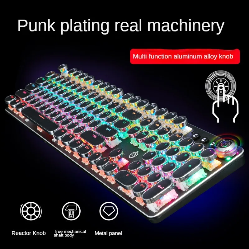 Imagem -03 - Retro Punk Knob Luz Teclado Mecânico Gaming Rgb Backlit Punk Chapeado Keycap 104 Chaves Shockless K820