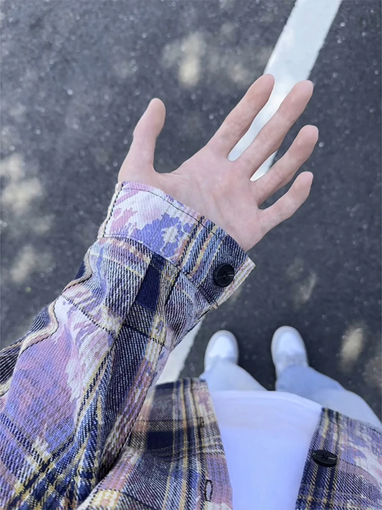 

Мужская клетчатая рубашка с эффектом тай-дай, фиолетовая, с длинным рукавом, тонкая, стильная, для пар, верхняя одежда, весенняя мода, полиэстер