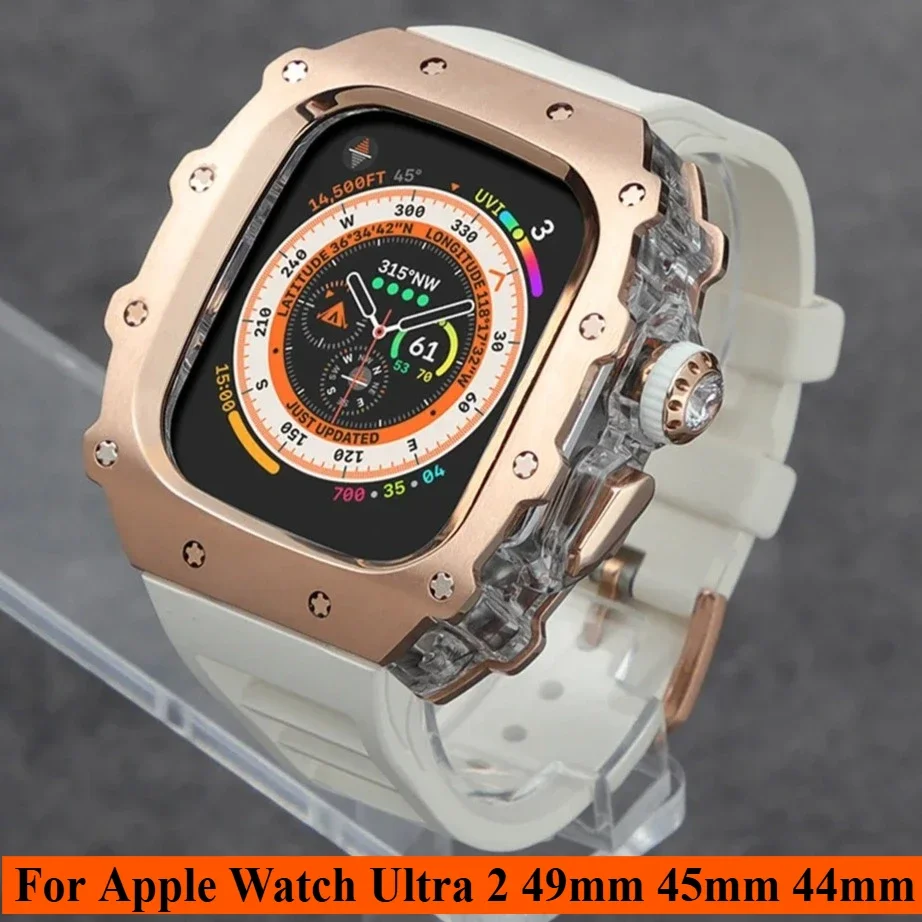 Luxury Modification Kit For Apple Watch Ultra 2 49mm 45mm 44mm Stainless Steel Case For IWatch 9 8 7 6 Crystal Button Sport Band