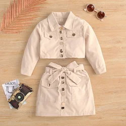 2024European and American Girls' Spring and Autumn Long Sleeve Short Lapels Jacket Top BowAWord Skirt Outfit