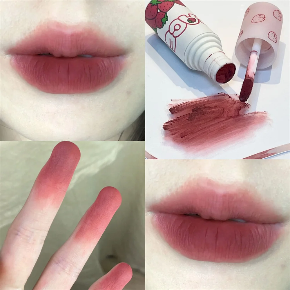 1/2PCS Lovely Strawberry Matte Liquid Lipstick Velvet Red Lip Gloss Long Lasting Non-stick Cup Lip Mud Tint Cream Makeup