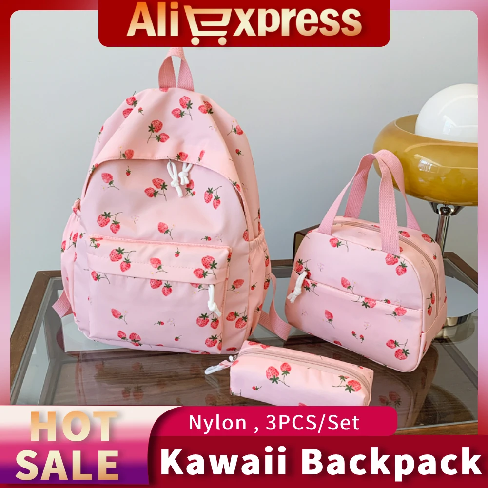 

3-in-1 Strawberry College School Backpack Cute Girl Backpacks School Bookbag Set with Lunch Box and Pencil Case for Teenage Girl