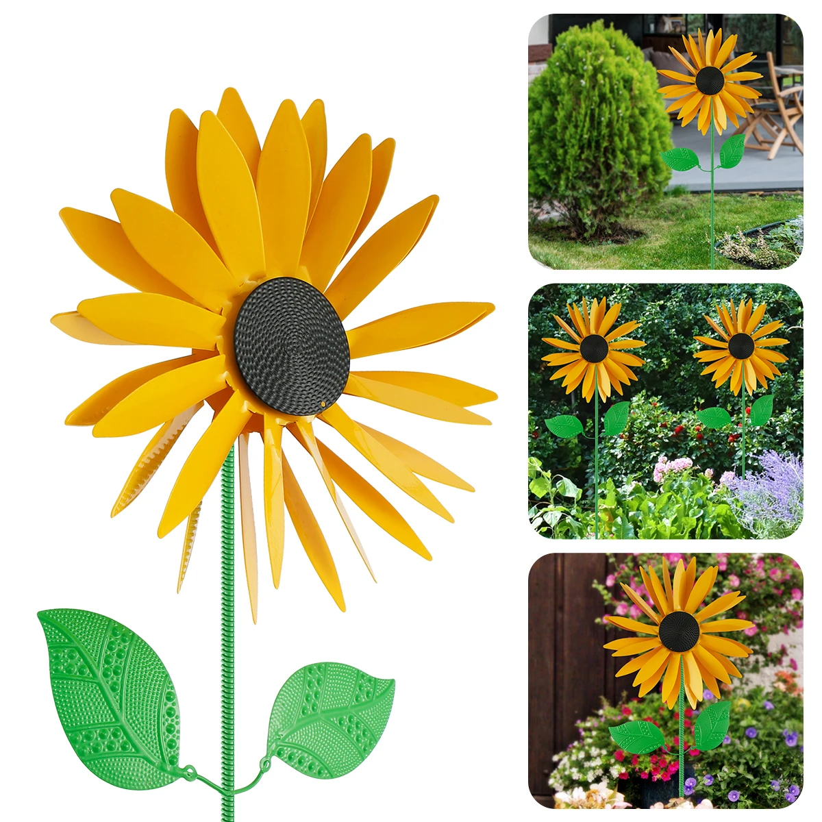 Sunflower Windmill Metal Rotating Sunflower Art Weather Vane Wooden Stake Vertical Lawn Windmill Outdoor Garden Decoration