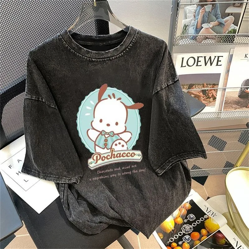 Sanrio 100% Japanese Pure Cotton Washed Summer American Pochacco Print Short Sleeved Graphic T Shirts Men/Women Loose Tops 2000s