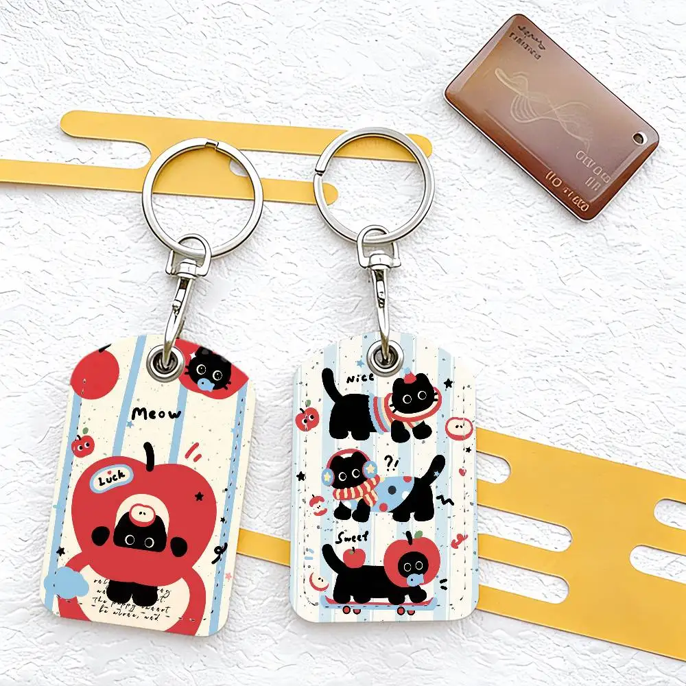 Cartoon Black Cat Cute Card Holder With Keychain Executive Protection For Bank Credit Subway Bus Case