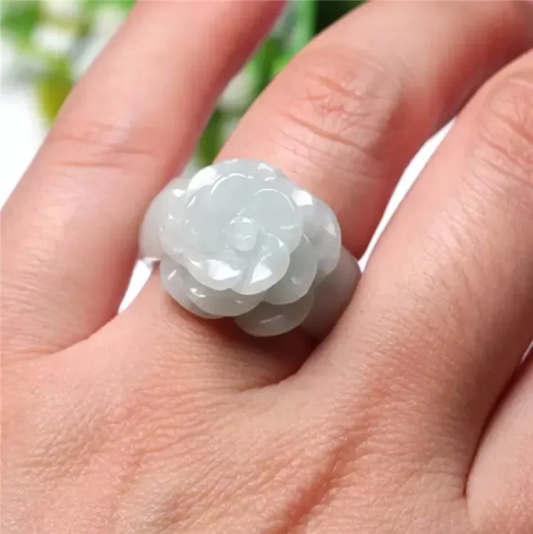 

Natural White Jade Emerald Rose Flower Ring Hand-Carced Chinese Charm Jewelry Gifts for Women