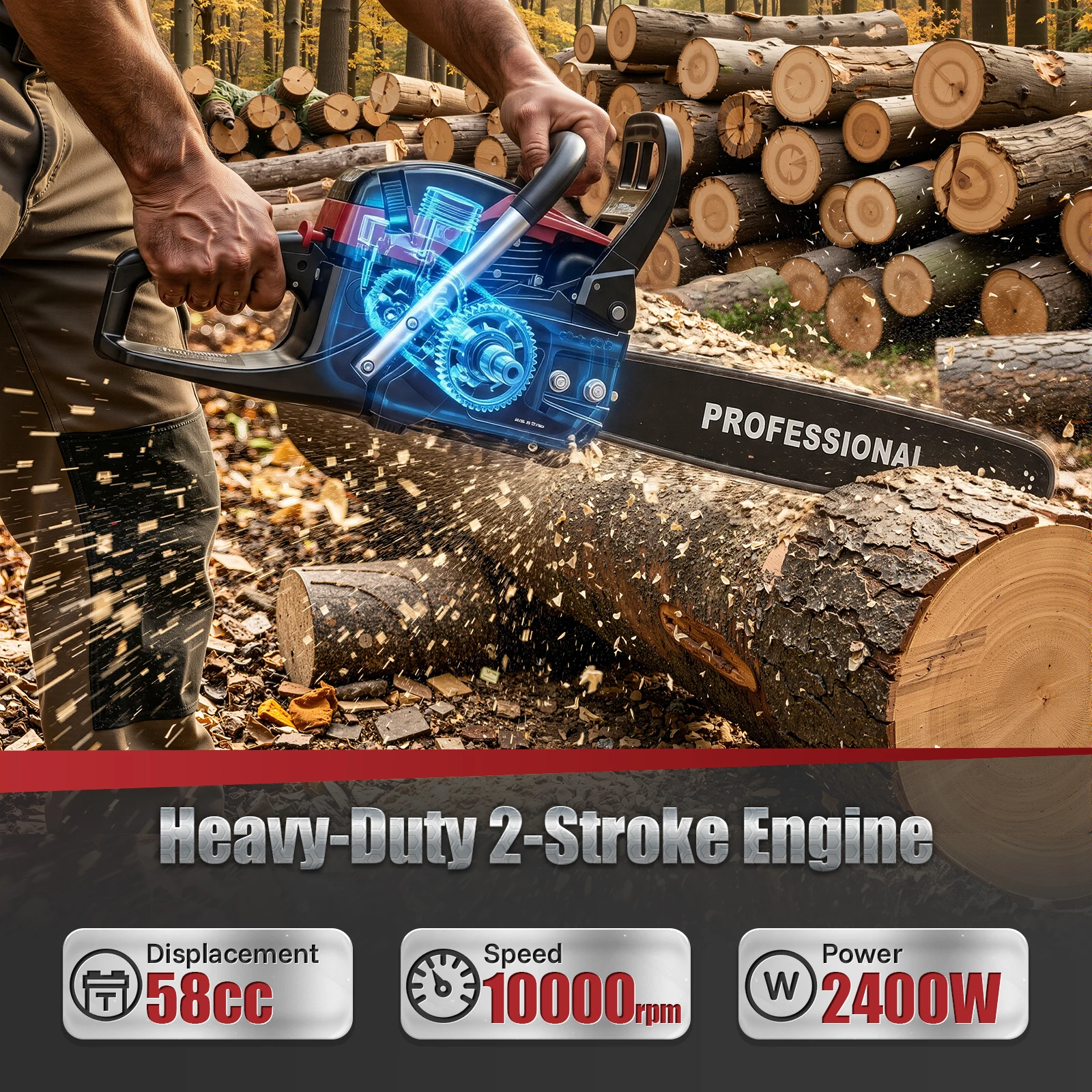 58cc Gas Chainsaw, 20 Inch Petrol Chain Saw 2.4KW for Tree Cutting Wood Logging Garden Pruning, Handheld Petrol Chainsaw