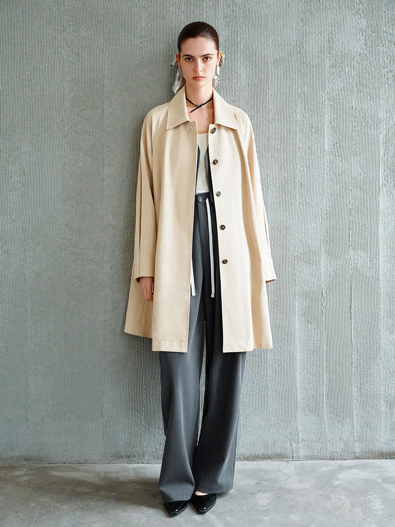 FSLE 【Premium Series】 Khaki A-line Lapel Mid-length Trench Coat For Women 2025 Spring New Design Style Chic Coat 25FS11277