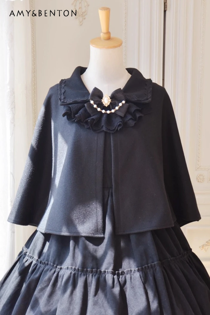 

Vintage Classic Style Wool Coat Gothic Black Pearl Bow Collar Elegant Gorgeous Lolita Cape Short Coat Japanese Short Wool Shawl