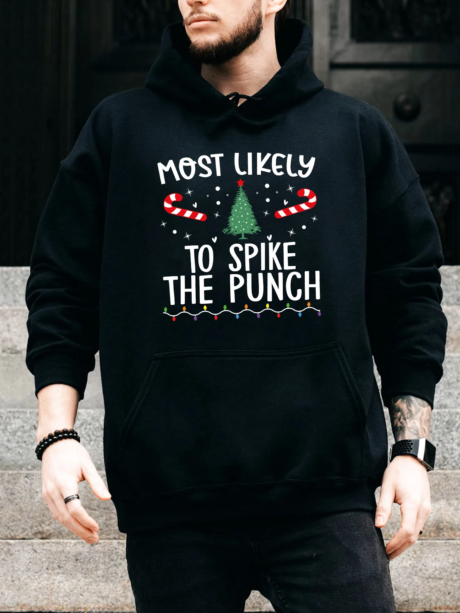 سترة بغطاء رأس برباط للرجال من To Spike the Punch Xmas - بلوفر أسود مريح كاجوال، سترة بغطاء للرأس للخريف والشتاء #1