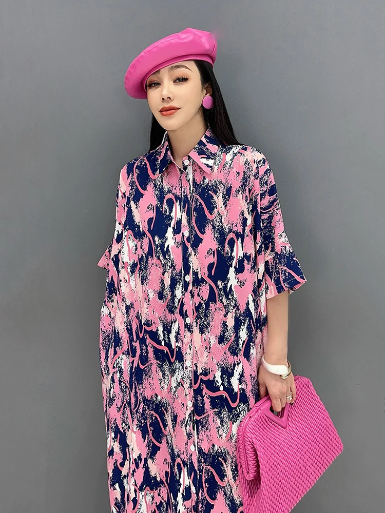 XITAO Print Turn-down Collar Single Breasted Dresses Short Sleeve Pocket Mid-calf Loose Shirt Dress 2024 Summer Casual ZY8754