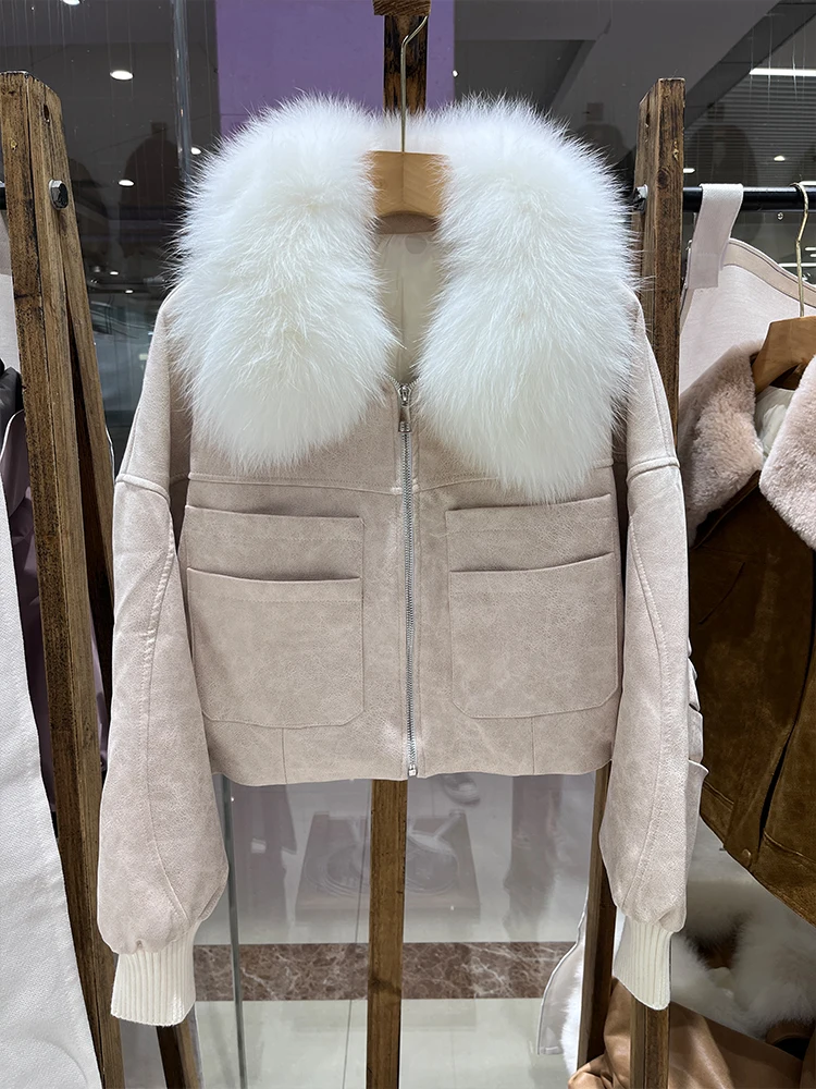 2025年冬 ナチュラルフォックスファー襟 ダックダウンコート レディース ルーズ ラグジュアリー 人工スエード パファージャケット 服