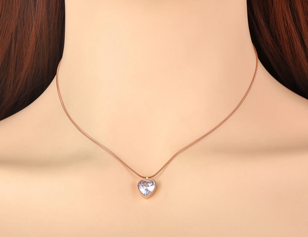 JeeMango Stainless Steel Love Heart Pendant Necklaces Jewelry Rose Gold Color CZ Crystal Wedding Necklace For Women JN21111