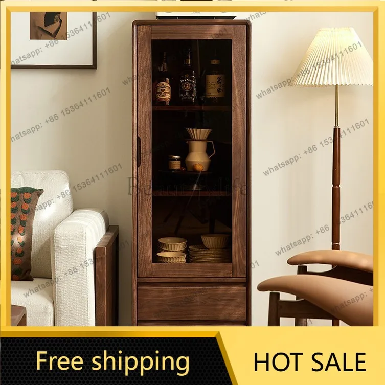 Factory direct sales North American black walnut wine cabinet Nordic simple solid wood glass locker
