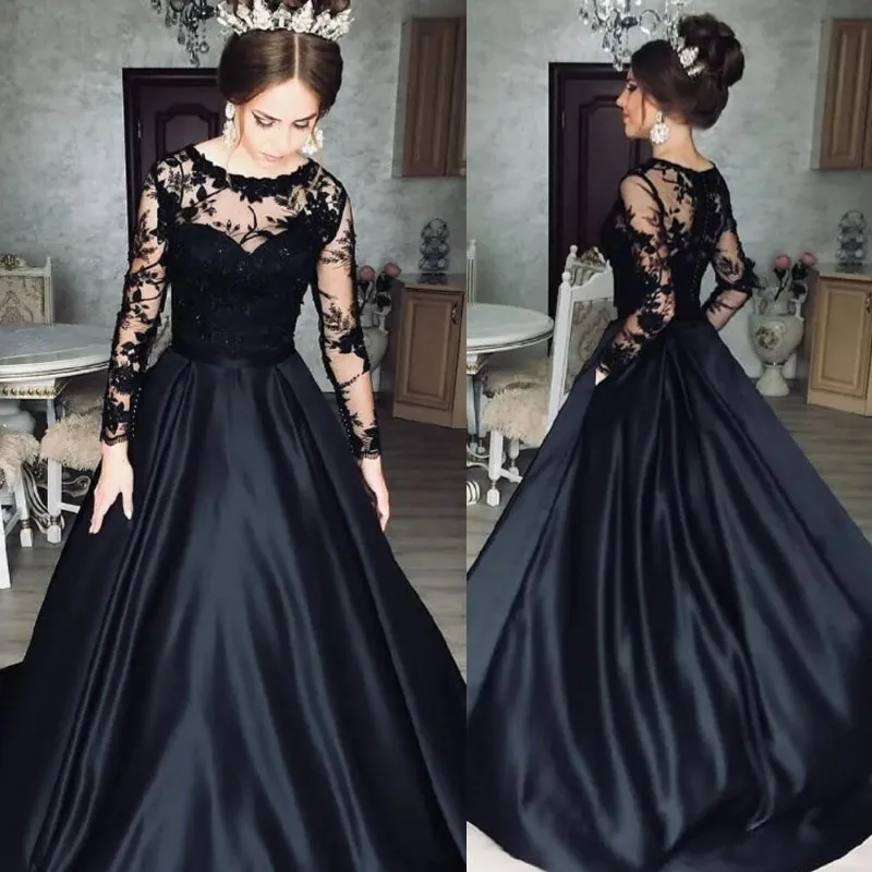 Black Gothic Prom Dress Evening Gown Illusion Neck Long Sleeve Lace Satin A-Line with Pockets for Formal Banquet Customized