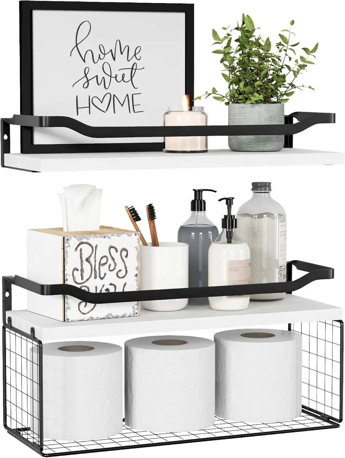 

Floating Shelves with Wire Storage Basket, Bathroom Shelves Over Toilet with Protective Metal Guardrail, Wood Wall Shel