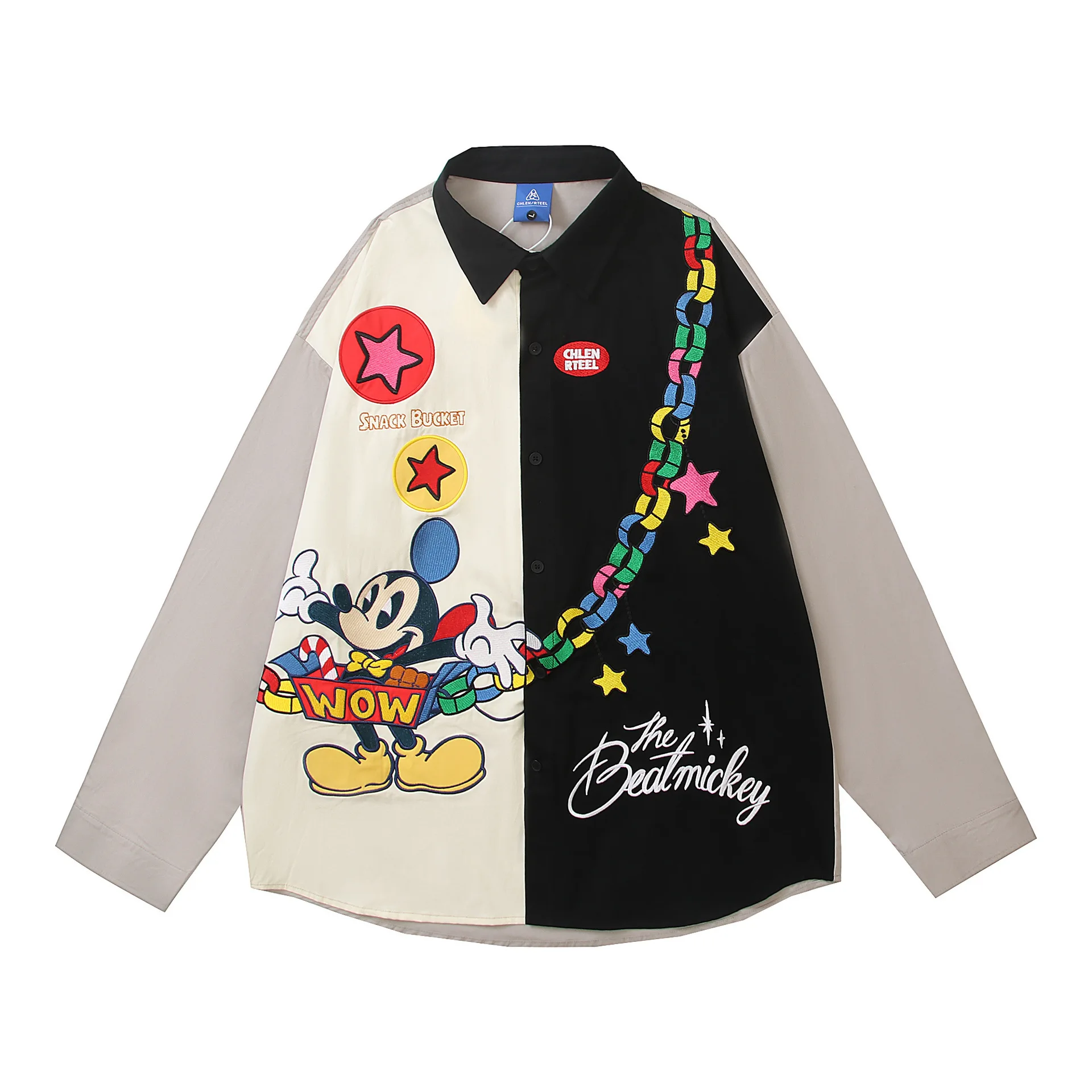 American Retro Long Sleeve Casual Shirt Women Embroidery Color Block Design Loose Casual Trendy Versatile Unisex Couple Shirt