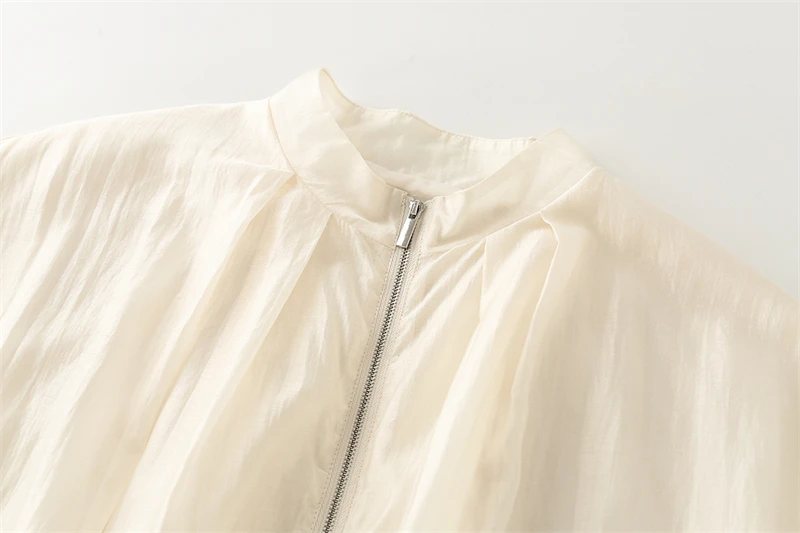 Guobioziy Women's Pleated Flight Jacket 2026 Spring and Autumn New Arrival Off-White Zipper Design European Casual Fashion Daily