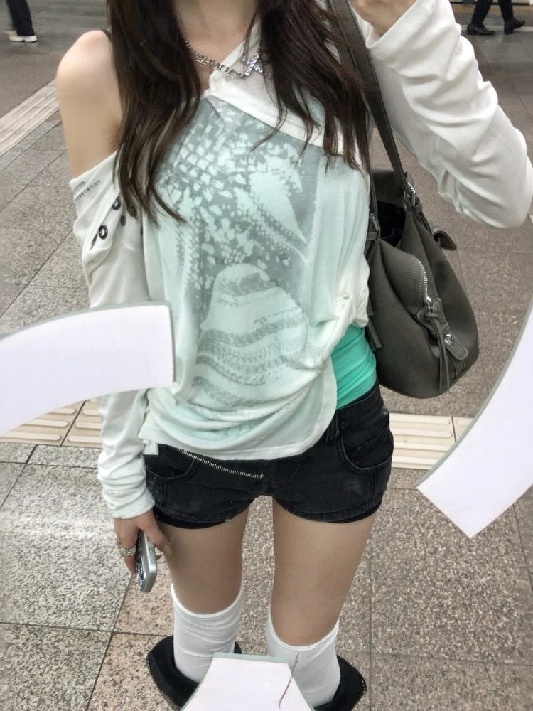 Nibber Midnight 2 Tops Solid Simple Camisole+Skew Collar Full Sleeve Print Ring Decoration Irregular t-Shirt Summer Fashion Suit