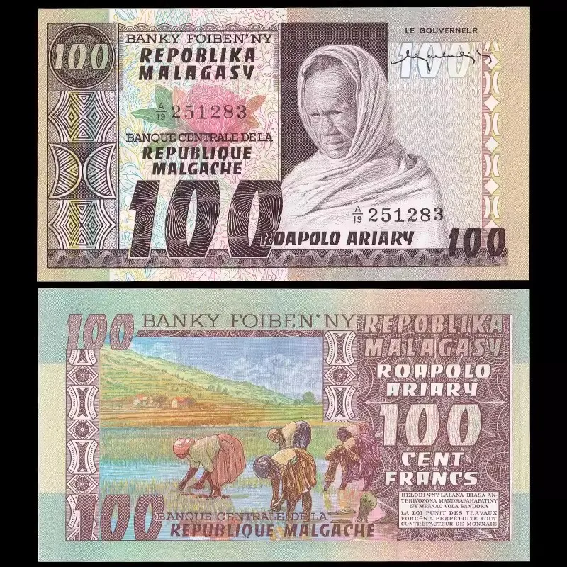 Original Madagascar 100 Francs Old Paper Banknote Money 1974-1975 Bills Brand New Bank Note Non-Circulating