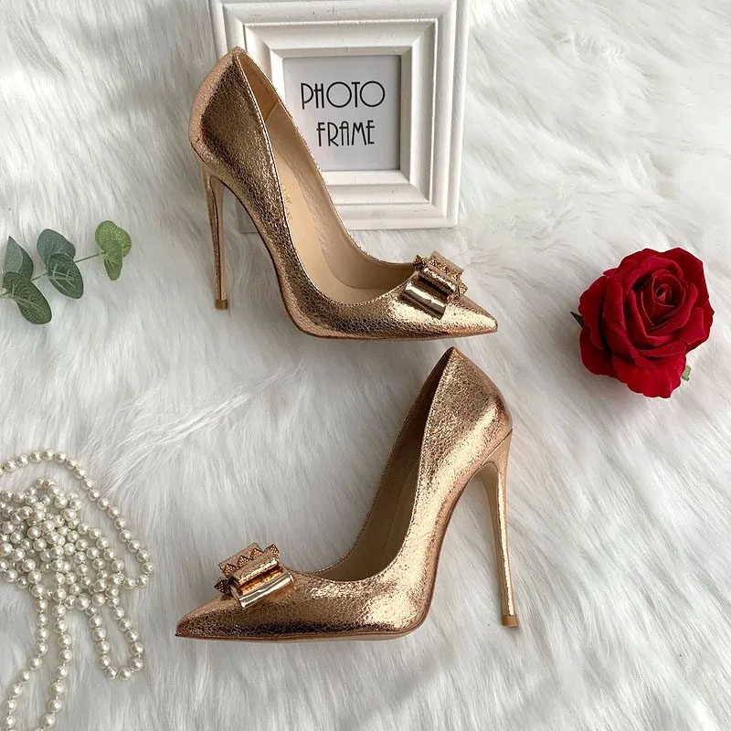 2026 Rose gold matte pop pattern distressed pointed pump studded bow dinner heels