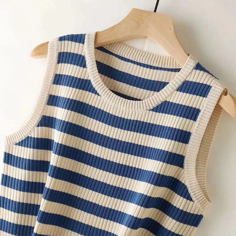 New Camisole Vest Women's loose Round Neck Knitted Sweater Striped Versatile Casual Sleeveless Top