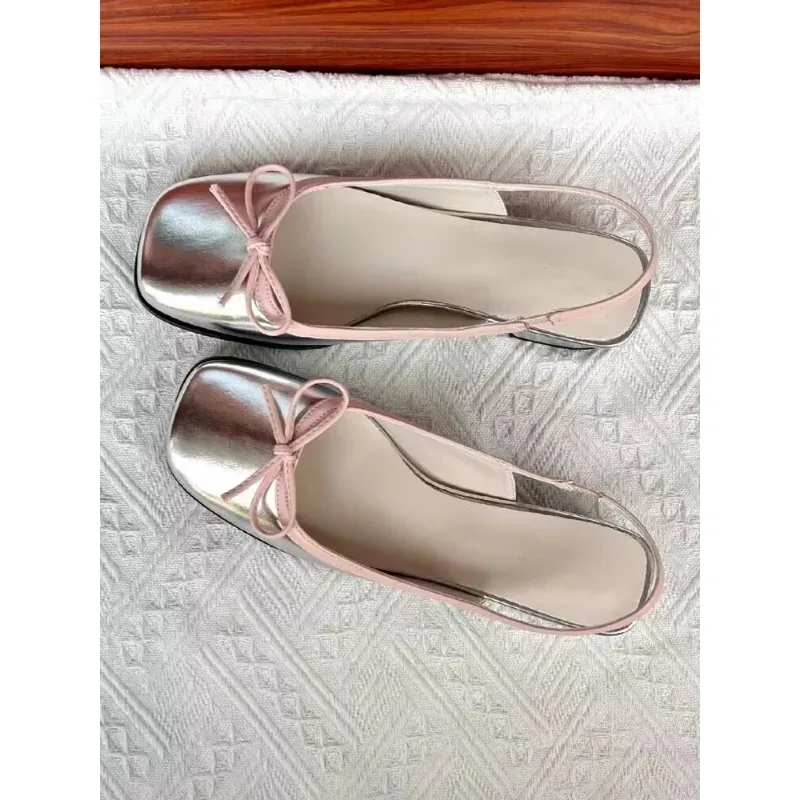 2023 Summer Women\'s Flats Sliver Boat Shoes Square Toe Slip on Flat Shoes for Woman Ballet Flats Comfortable Bow Women\'s Sandals