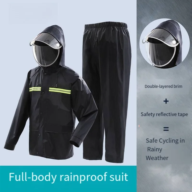 Rainproof set double brim, outdoor riding, electric vehicle, safety reflective split raincoat, rain pants