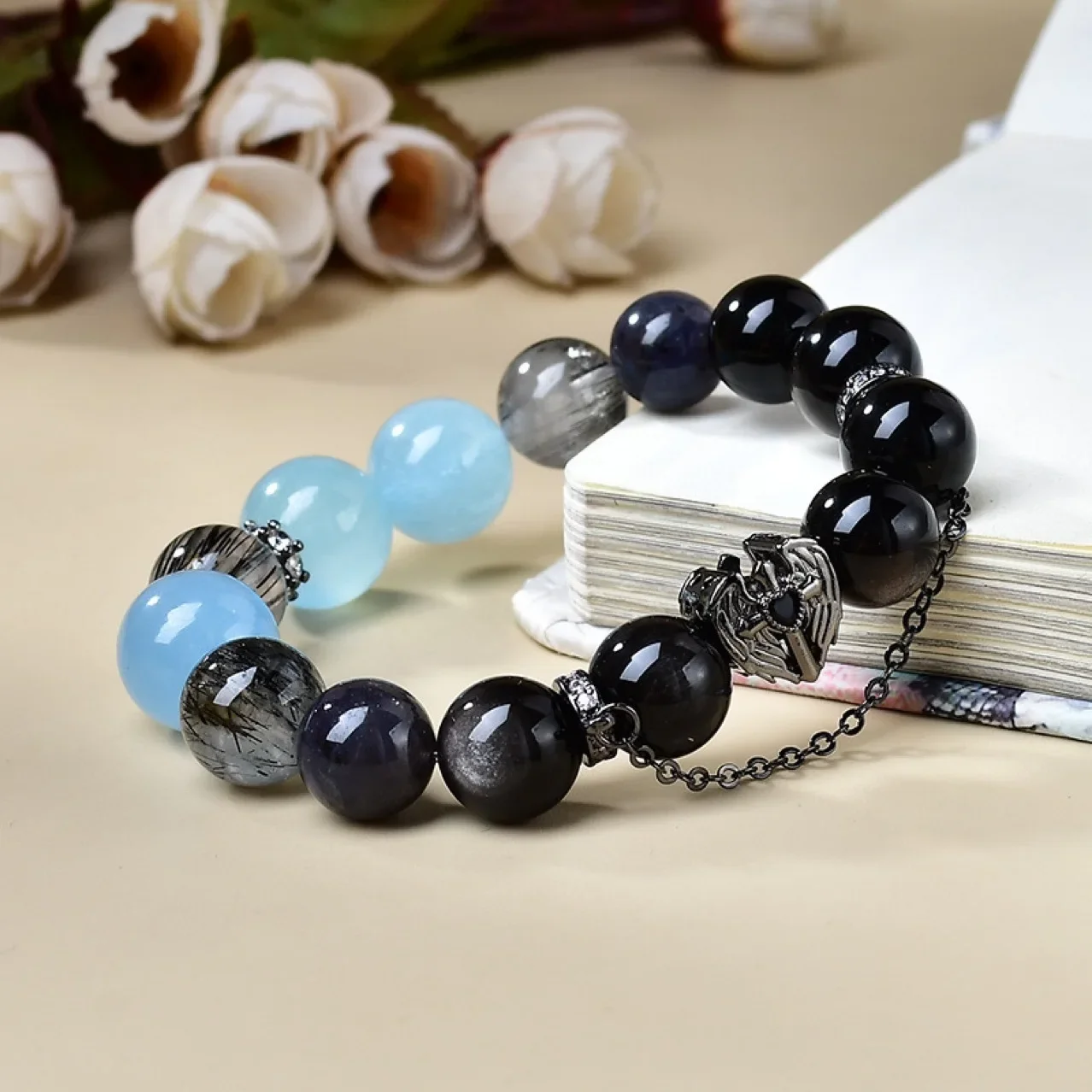 

Black Hair Crystal Aquamarine Pansy Silver Obsidian Bracelet Light Luxury Fashion Men's and Women's Lucky Bracelet, Gift