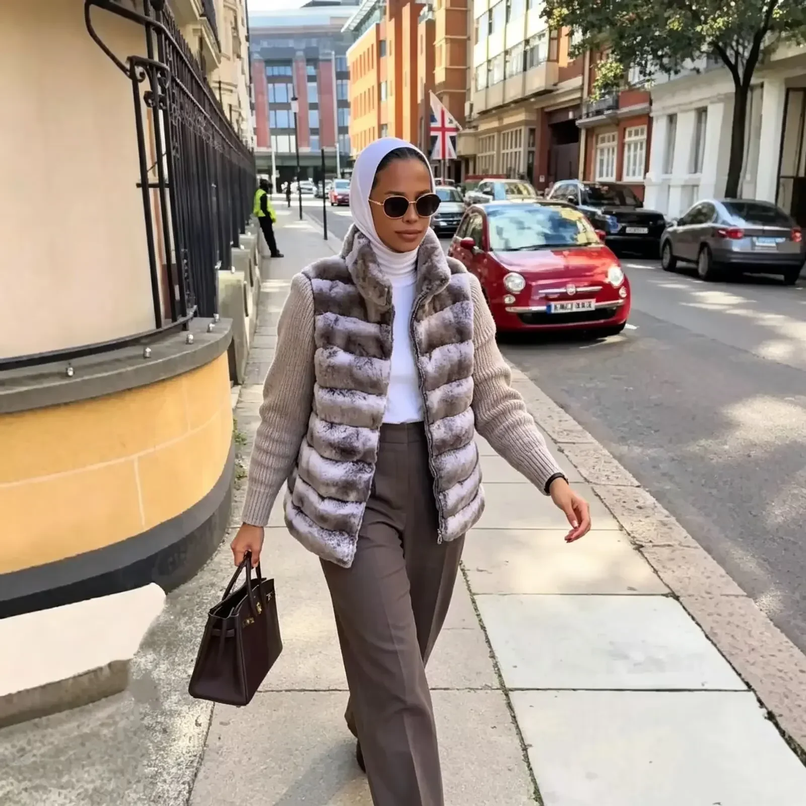 Stand Collar Knit Sleeve Patchwork Striped Faux Fur Jacket Loose Zipper Up Mid-length Coat 2026 Winter Fashion Lady Chic Outwear