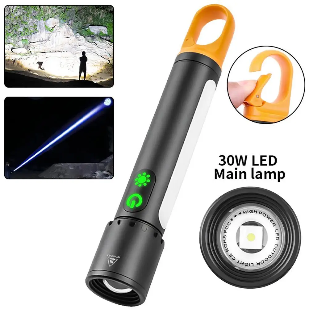 Strong Light Telescopic Zoom Flashlight Long-range Flashlight Battery With Hook And Side Light Flashlight 10W LED Light 800M