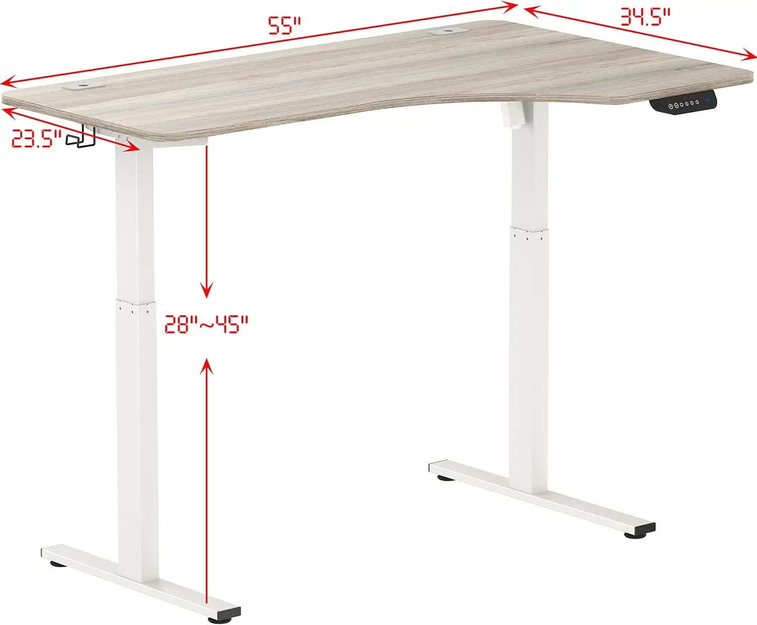 Mesa em pé ajustável em forma de L, 55 ", grande altura elétrica, carvalho, canto direito