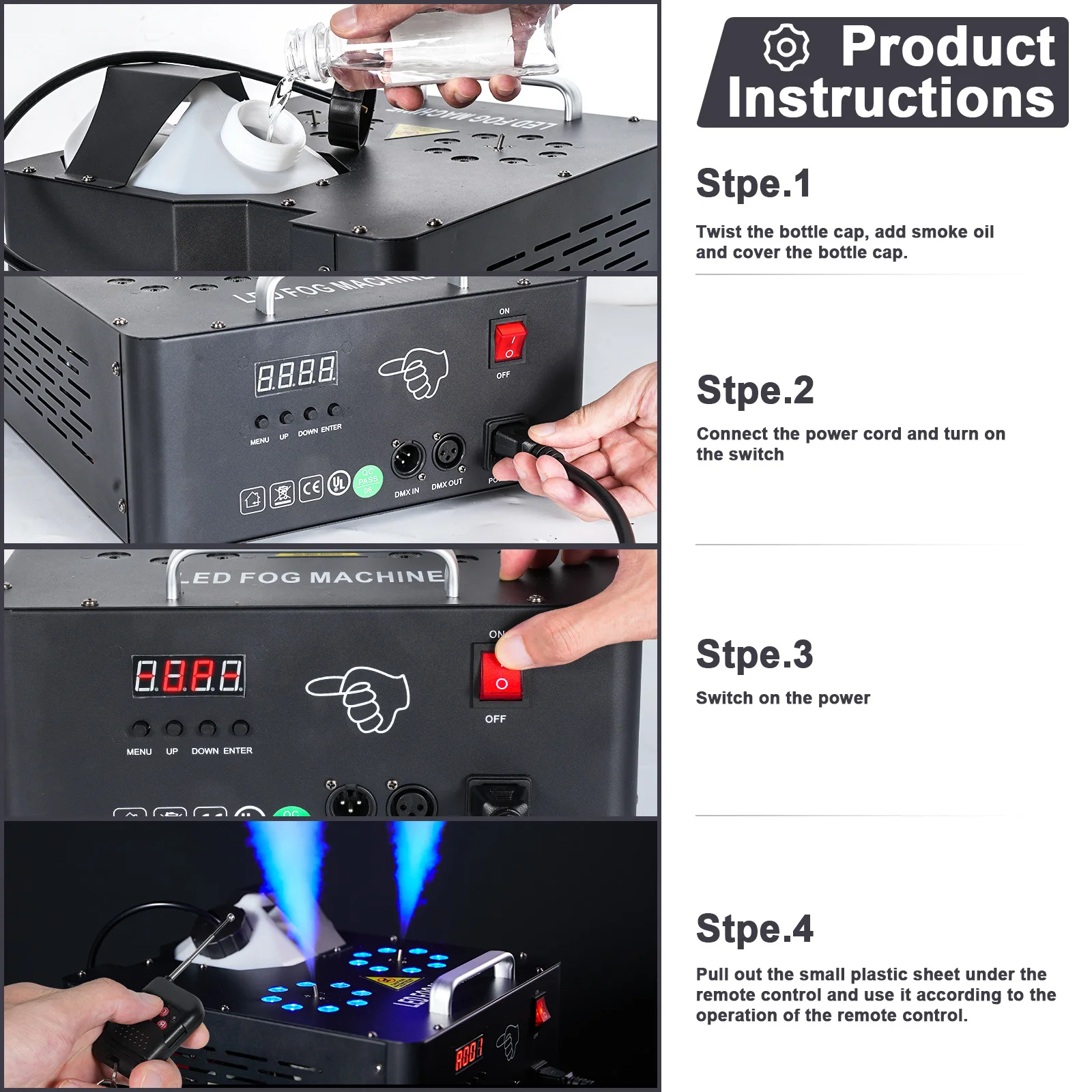 U'King 2000W 이중 튜브 조정 가능한 안개 기계 DMX512 13CH 연기 기계 8+8 RGB 3 in 1 LED 다채로운 DJ 웨딩 스테이지 스프레이