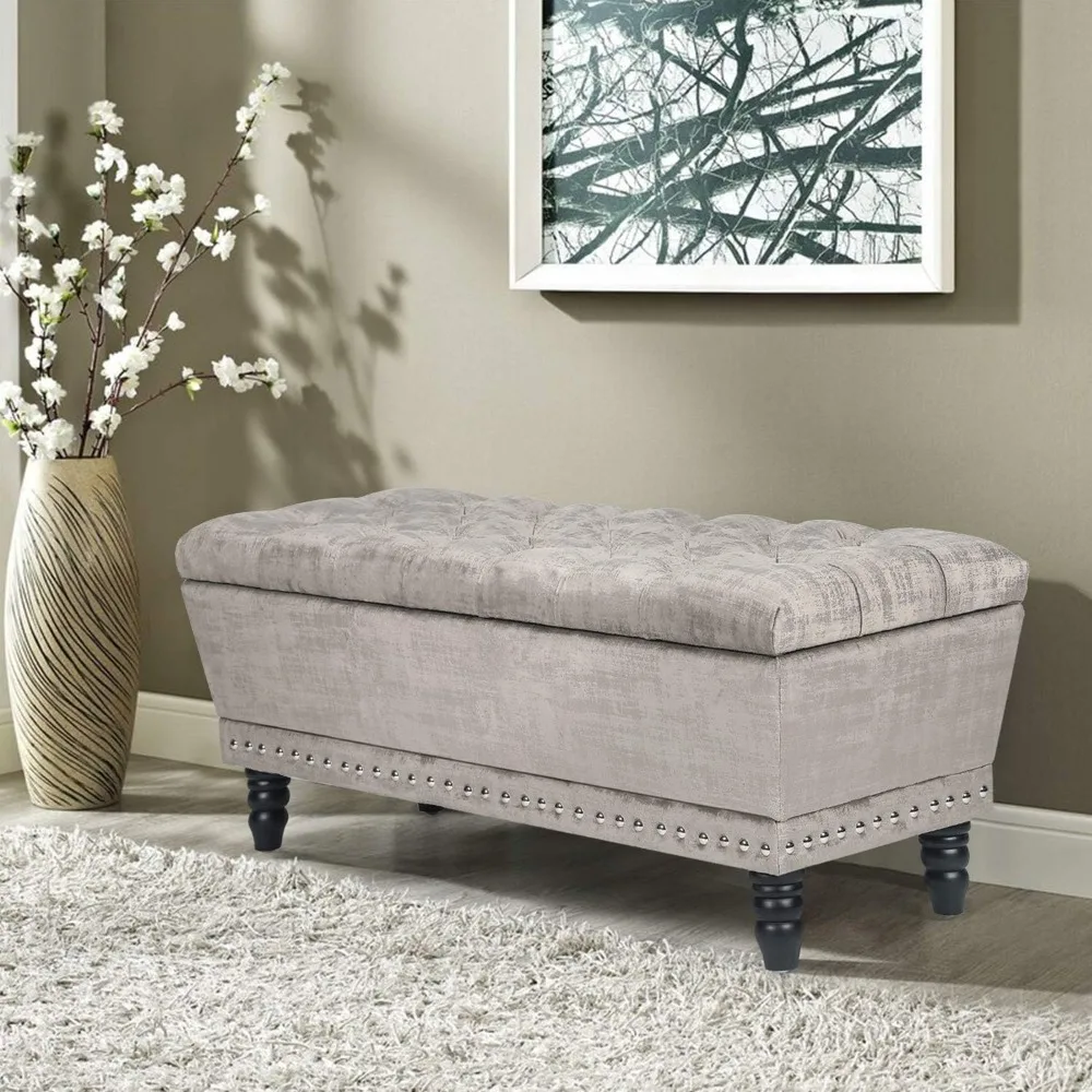 

Stool, Storage Ottoman Bench Velvet Tufted Foot Rest Stool with Nailhead Trim, Silver Gray, Vanity Chair, Stool