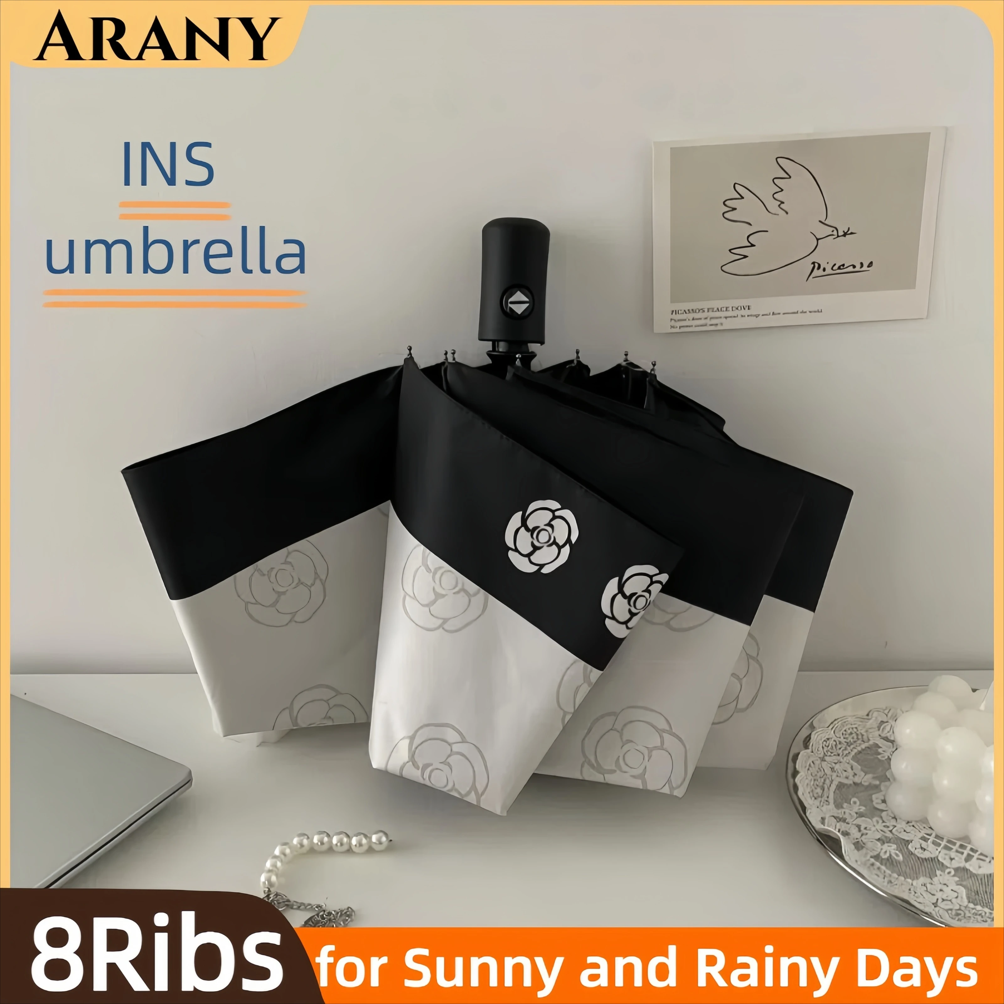 

ARANY Retro Ins Fully Automatic Sun Umbrella French 3-folding Sun Umbrella Sun Protection and Shading Umbrella for Women 우산